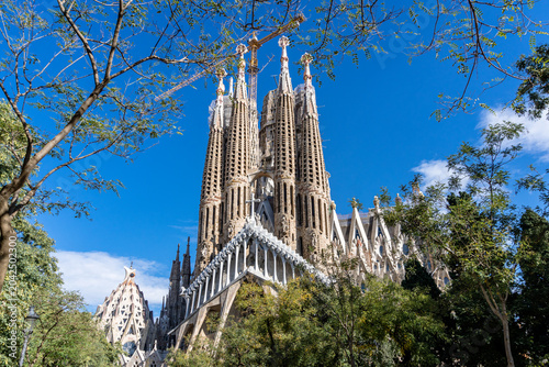 Photography Majestic Sagrada Familia basilica construction in sunny Barcelona, Spain