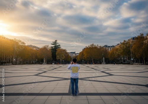 Man taking photo in a vast urban square with geometric patterns at sunset, surrounded by trees and buildings