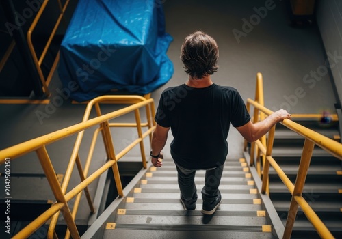 Rear view of a person walking down industrial stairs with bright yellow railings in a warehouse or factory setting