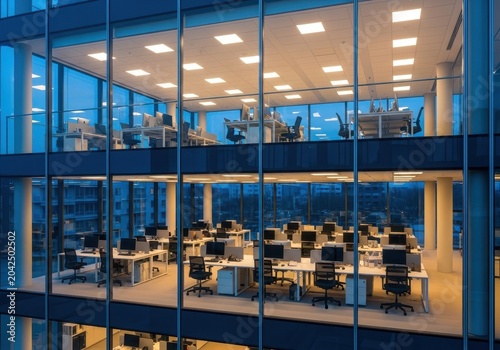 Modern office building interior with multiple floors visible through glass walls, featuring rows of empty desks and computers, illuminated at dusk