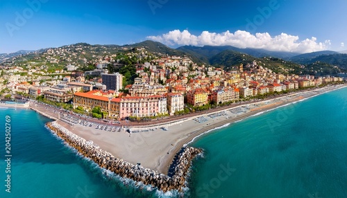 sanremo aerial view at sunny day beautiful italian riviera coastline with beach turquoise sea and city architecture in liguria italy