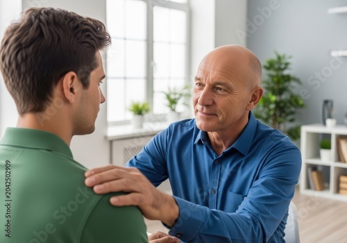 An older man in a blue shirt providing support and guidance to a younger man by placing a hand on his shoulder in a bright office setting