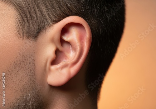 Closeup of a mans ear with short hair and stubble, side profile view showing detailed anatomy of the pinna and ear canal