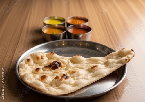 Freshly baked naan bread served on a metal plate with four small bowls of assorted indian dipping sauces on a wooden table