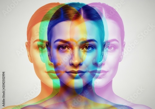 Conceptual portrait of a woman with a triple exposure effect creating a colorful chromatic aberration and motion blur