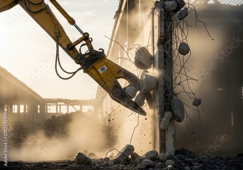 Heavy construction machinery demolishing a concrete wall at a construction site