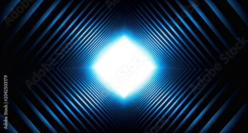 Abstract geometric pattern with bright white glowing center and blue gradient on dark background, symmetry, grainy texture, banner, backdrop design,