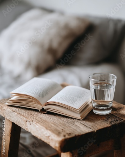 Open book and glass of water on rustic wooden stool in bedroom. Relaxing atmosphere for reading and leisure at home. Concept of peaceful morning sanctuary and interior lifestyle.