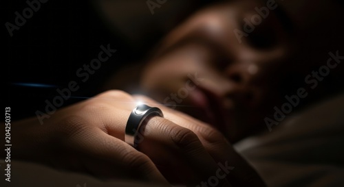 Woman wearing smart ring while sleeping in bed at night. Sleep tracking technology for health monitoring and analysis. Wearable device for biometric data collection and rest quality.