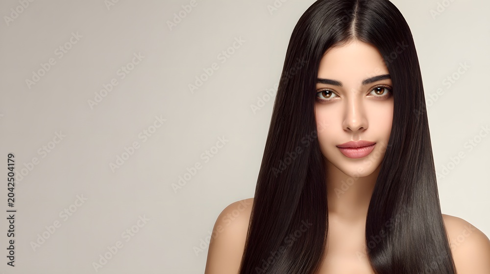 Naklejka premium Studio portrait of a beautiful young woman with long straight smooth brunette hair. Model with shiny silky hairstyle and perfect glowing skin for hair care and beauty.