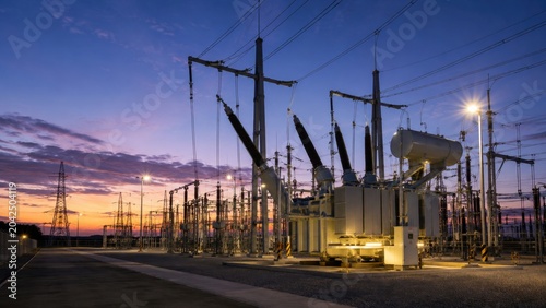 Electrical substation equipment operating at dusk in power yard