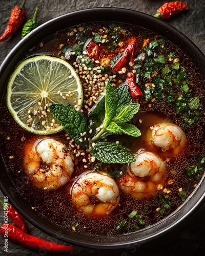 Top view of Tom Yam Kung Thai spicy shrimp soup in black bowl on stone background, copy space