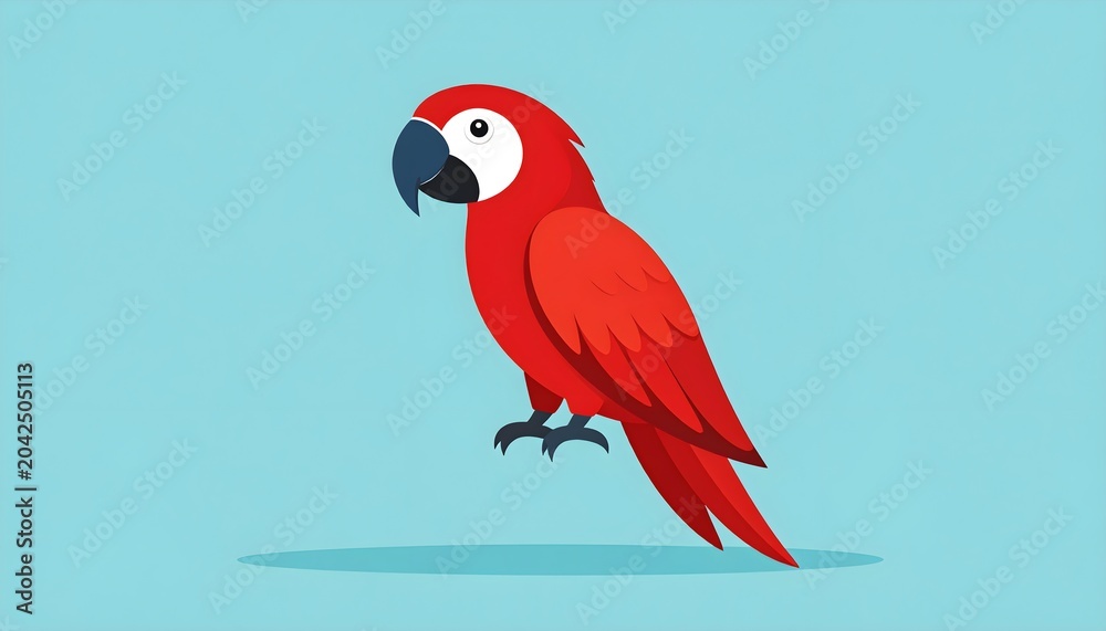 Fototapeta premium Bright red macaw parrot perched with wings slightly open against blue background