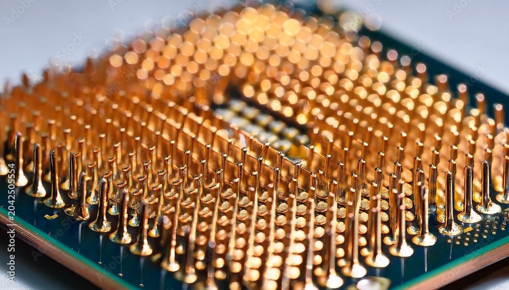 Fototapeta premium detailed view of the underside of a computer processor cpu with numerous gold pins highlighting its intricate hardware and technological design