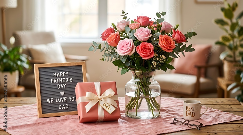 Obraz premium Father's Day gift with flowers and box on table