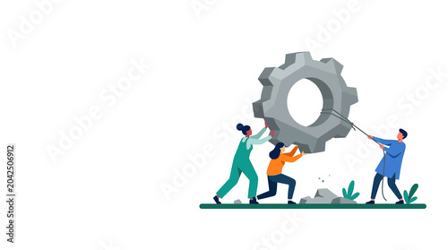 Collaborative Teamwork Concept featuring diverse people pushing and pulling a large mechanical gear ideal for business presentations and corporate training materials.