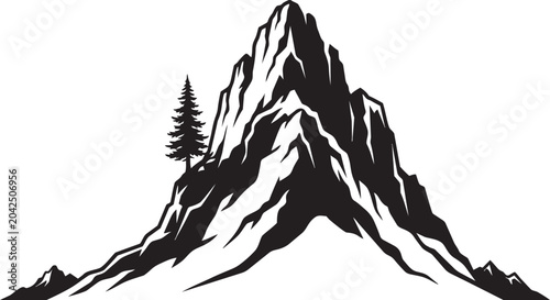 Photos Craggy Mountain Peak With Lone Pine Tree Silhouette Vector Illustration