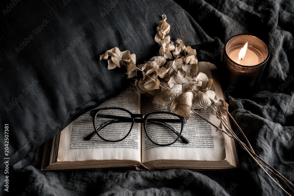 Fototapeta premium Cozy and atmospheric scene with an open book, spectacles, dried flowers, and a lit candle on dark fabric.