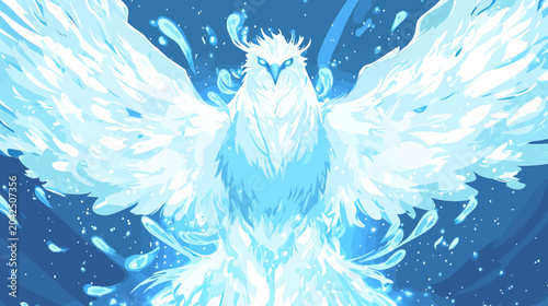 An icy-white phoenix spreads vast wings against a dark blue night, radiant dawn