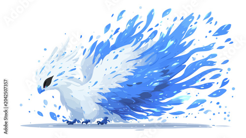 A stylized white-blue waterbird bursts forward; wings resemble splashing tides