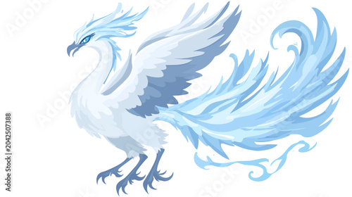A majestic icy phoenix spreads wings as curling blue tail plumes glow above ice!