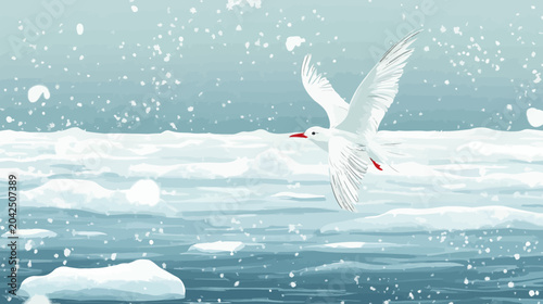 A white seagull glides above cold turquoise waves under snowy sky over calm sea!