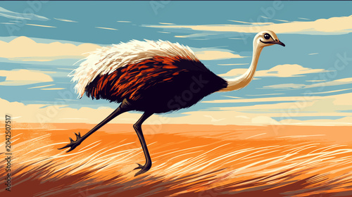 A stylized ostrich strides across a sunlit desert beneath a teal sky and wispy clouds