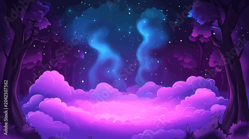 A dreamlike night forest under starry sky with pink clouds and blue auroras glow
