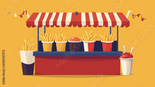 Bright yellow street cart with striped canopy, fries and cups on display in sun