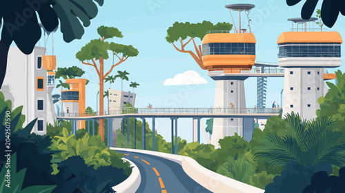 Vibrant future cityscape with elevated walkways orange domes and lush greenery