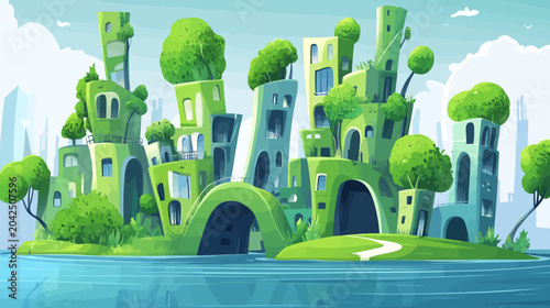 Whimsical island city with lime-green towers and trees along blue water and sky!