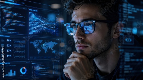 Man analyzing data dashboards in dark tech control room