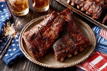 Delicious BBQ pork ribs served with cold beer and sparklers on a rustic wooden table, celebrating summer