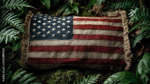 Top-down view of American flag on green grass, outdoors, Labor Day picnic setting