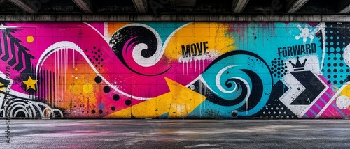 Vibrant Urban Street Art Mural with Abstract Waves, Arrows, Graffiti Textures, Bold Colors, and Move Forward Message