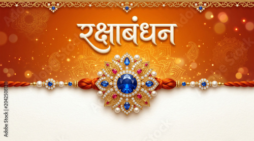 Raksha Bandhan Hindi Typography Banner with Decorative Rakhi Ornament and Festive Greeting Background