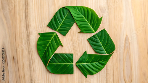 Recycling symbol made of fresh green leaves on wooden background minimal eco design