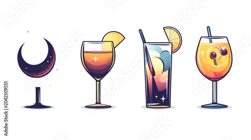 Four stylized drinks, including a crescent moon, wine glass with lemon, cocktail, and a stemmed glass