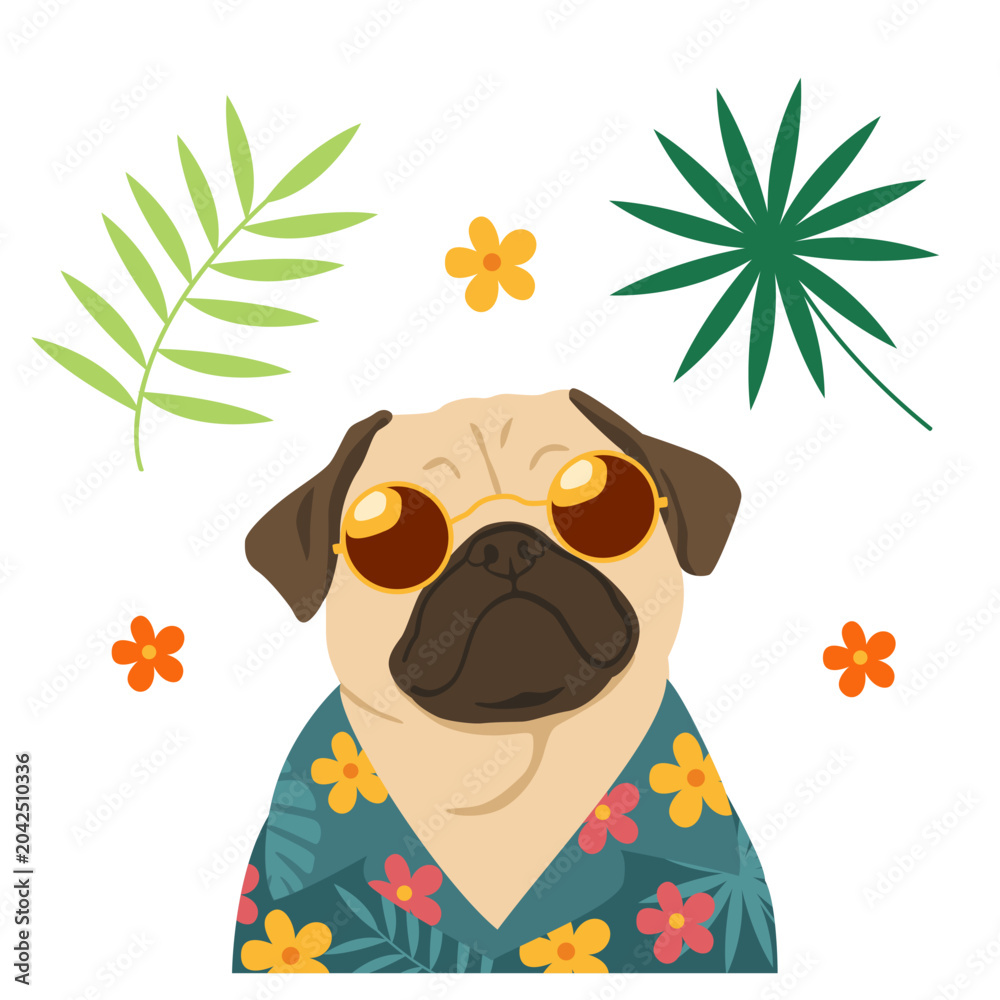 Obraz premium Cute Pug Dog in Hawaiian Shirt and Sunglasses with Tropical Leaves and Flowers – Summer Vector Illustration