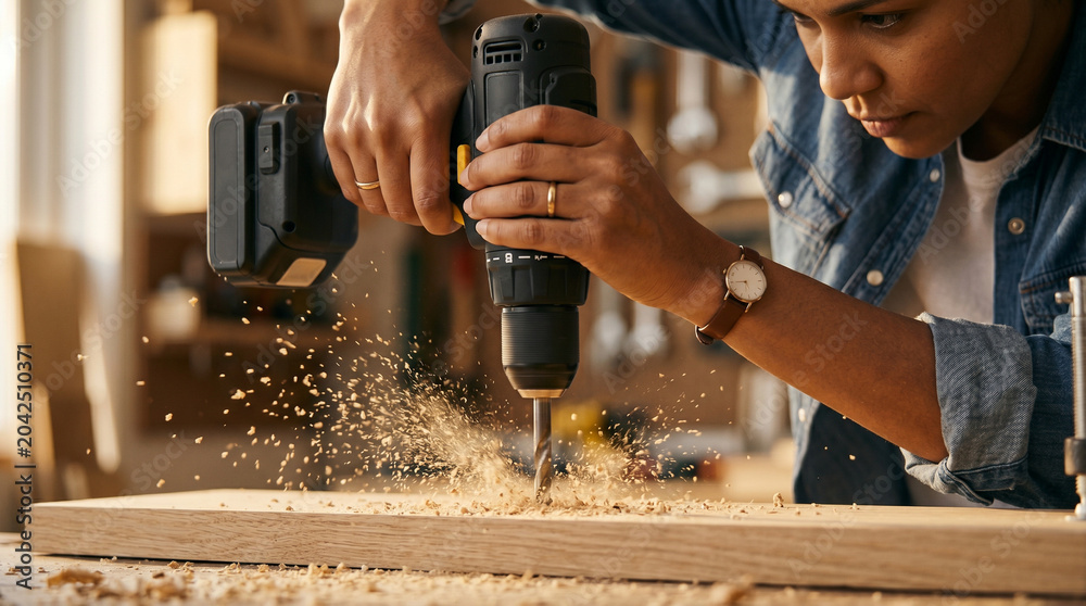 Obraz premium Young woman using a cordless power drill on a wooden plank in a workshop