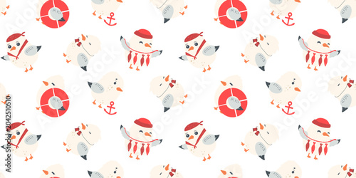 Foto Seamless seagull pattern, funny seabirds dressed as sailors and captains, cute children's nautical pattern