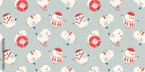 Schilderij op canvas Seamless seagull pattern, funny seabirds dressed as sailors and captains, cute children's nautical pattern