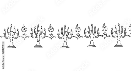 Foto Menorahs in a row on a white background, Hanukkah candelabras for Jewish holiday