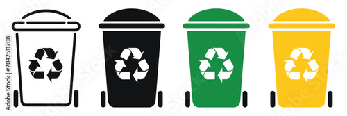 Foto Recycle bin with wheel icon featuring garbage collection, waste sorting, and env