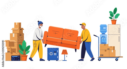 Furniture movers, relocation services, moving day, laborers, packing boxes, illustration, vector graphics, orange couch, cardboard boxes, plants, dolly, equipment