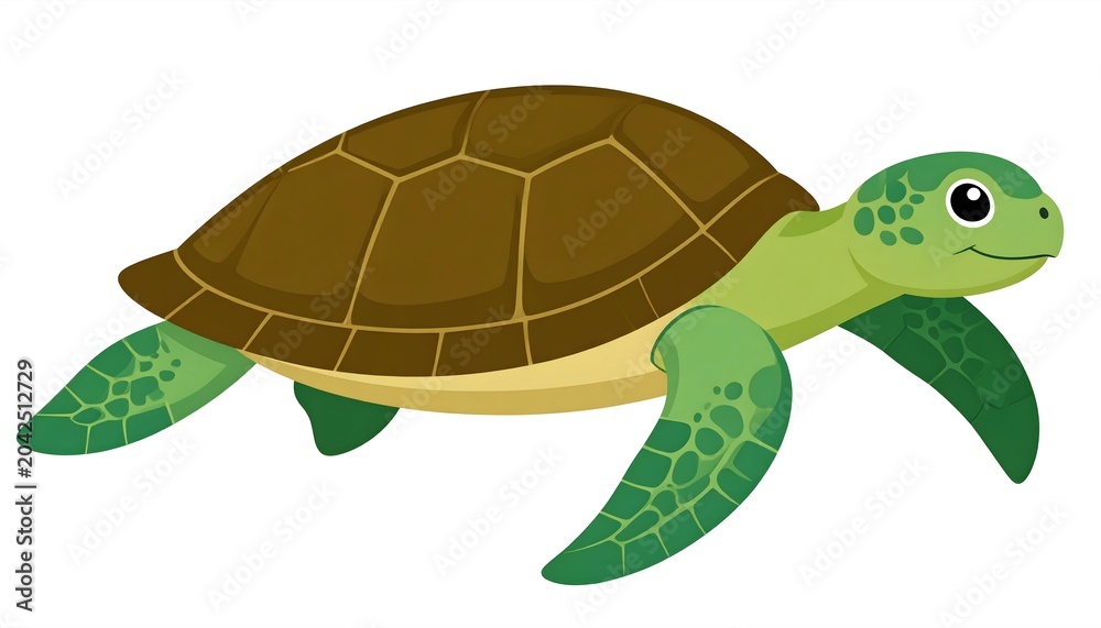 Obraz premium Colorful cartoon sea turtle swimming with cheerful expression on white background