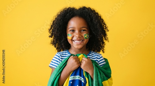 Happy Young Brazilian Girl with Face Paint Holding National Flag Against Yellow Background