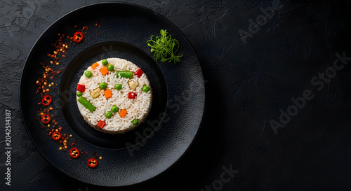 Delicious white rice mixed with colorful vegetable pieces served on a dark textured plate under bright professional food photography lighting