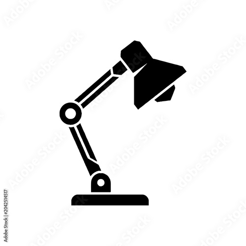 Minimalist black desk lamp icon on white background.