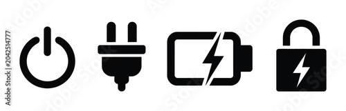 Power and security minimalist symbols featuring energy, charging, and protection concepts for tech design